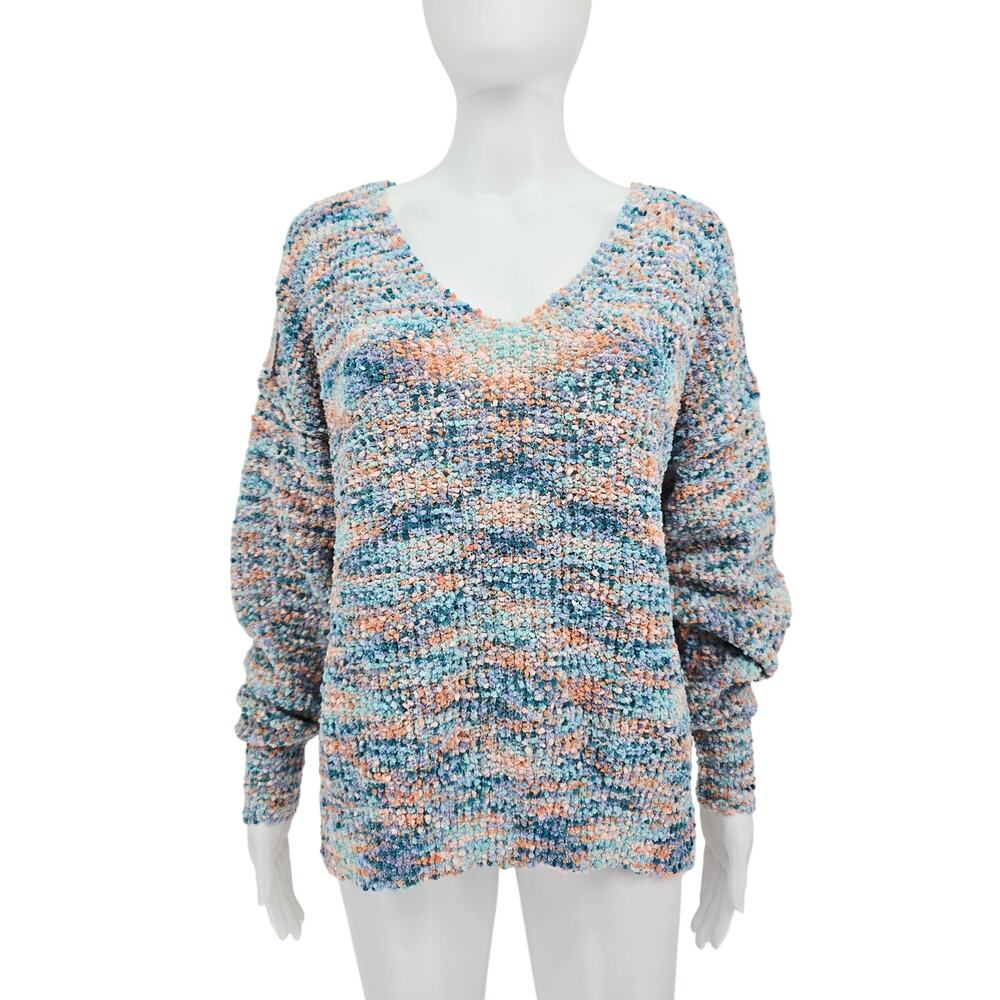 Rachel Zoe Womens Sweater Multicolor Bouclé Knit V-Neck Large L